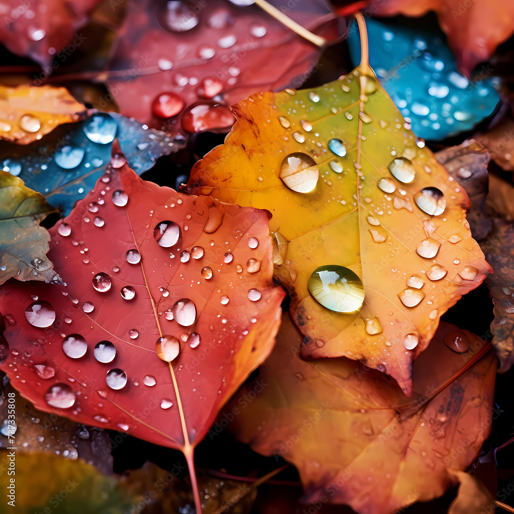 Close-up of raindrops on colorful autumn leaves.