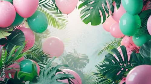 arco com balões rosa e verdes tema aniversário de menina plantas tropicais  photo