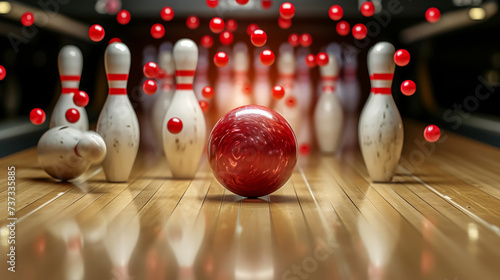 A thrilling moment captured as a bowling ball crashes into the pins on the bowling alley line  resulting in a perfect strike  eliciting cheers and excitement from players and spectators alike.