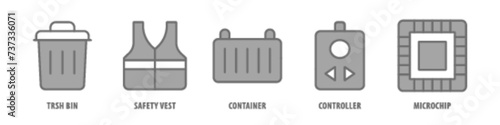 Helmet, Crane, Screw Driver, Mechanic, Oil Barrel editable stroke outline icons set isolated on white background flat vector illustration.