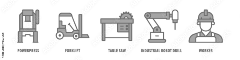 Worker, Industrial robot drill, Table saw, Forklift, Power press editable stroke outline icons set isolated on white background flat vector illustration. Worker, Industrial robot drill, Table saw, Forklift, Power press editable stroke outline icons set isolated on white background flat vector illustration.