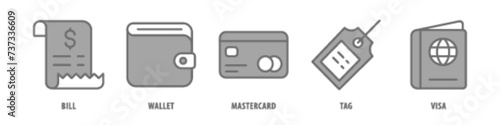 Visa, Tag, Mastercard, Wallet, Bill editable stroke outline icons set isolated on white background flat vector illustration.
