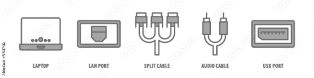 USB Port, Audio Cable, Split Cable, LAN Port, Laptop editable stroke outline icons set isolated on white background flat vector illustration. USB Port, Audio Cable, Split Cable, LAN Port, Laptop editable stroke outline icons set isolated on white background flat vector illustration.