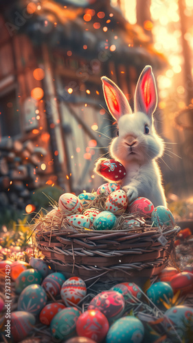 A fun and friendly anthropomorphic Easter bunny with a basket full of decorated Easter eggs, in a forest with warm sunset light.Happy Easter