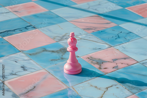 chess board with one pink piece per rung in it in the