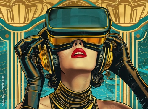 Illustration of a woman in art deco style wearing a VR headset and headphones, symbolizing the fusion of classic art and modern technology.