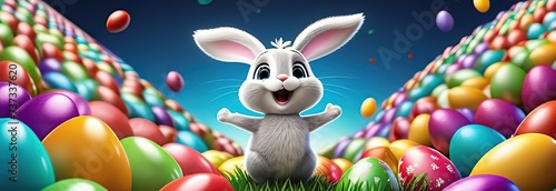 Happy Easter bunny with many colorful Easter eggs. the rabbit smiles. 