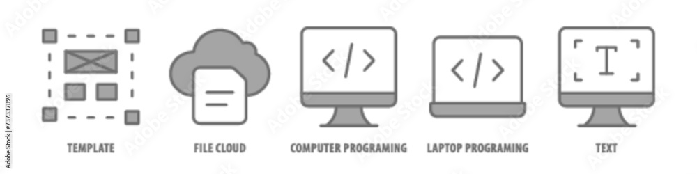 Text, Laptop Programing, Computer programing, File Cloud, Template editable stroke outline icons set isolated on white background flat vector illustration. Text, Laptop Programing, Computer programing, File Cloud, Template editable stroke outline icons set isolated on white background flat vector illustration.