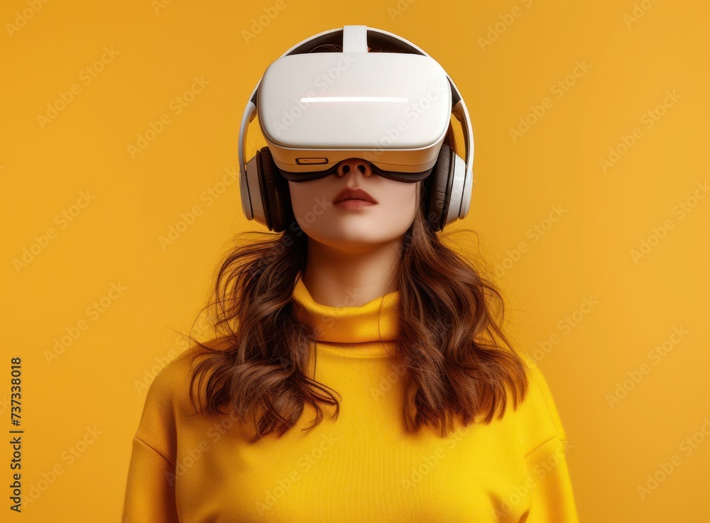 Young woman in yellow turtleneck immersed in virtual reality with a modern white VR headset and headphones. Young woman in yellow turtleneck immersed in virtual reality with a modern white VR headset and headphones.