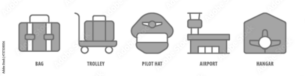 Hangar, Airport, Pilot hat, Trolley, Bag editable stroke outline icons set isolated on white background flat vector illustration. Hangar, Airport, Pilot hat, Trolley, Bag editable stroke outline icons set isolated on white background flat vector illustration.