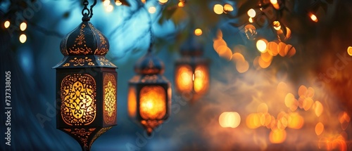 Illuminated Garland with Islamic lanterns on festive blurred backdrop. Moroccan lanterns at night. Glittering party garlands. Ramadan kareem, Eid Mubarak. Eastern holiday design photo