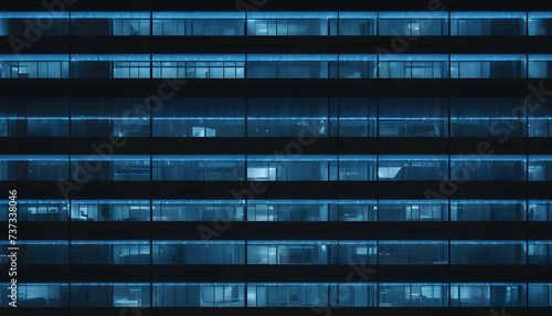 Seamless skyscraper facade with blue tinted windows and blinds at night. Modern abstract office building background texture with glowing lights against dark black exterior walls.