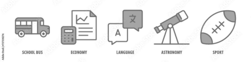 Sport, Astronomy, Language, Economy, School Bus editable stroke outline icons set isolated on white background flat vector illustration.