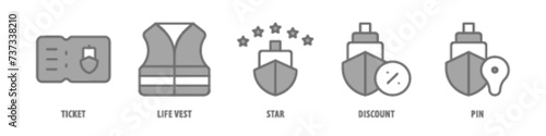 Pin, Discount, Star, Life vest, Ticket editable stroke outline icons set isolated on white background flat vector illustration.