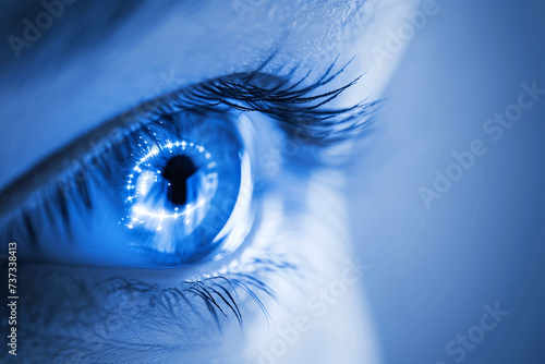 Close-up of a cyber eye with neon blue chips inside the iris and lens. 