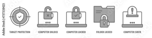 Computer Siren, Folder Locked, Computer Locked, Computer Unlock, Target Protection editable stroke outline icons set isolated on white background flat vector illustration.