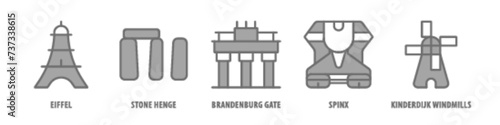 Kinderdijk windmills, Sphinx, Brandenburg gate, Stone Henge, Eiffel editable stroke outline icons set isolated on white background flat vector illustration.