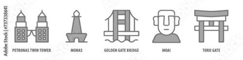 Torii Gate, Moai, Golden Gate Bridge, Monas, Petronas Twin Tower editable stroke outline icons set isolated on white background flat vector illustration.