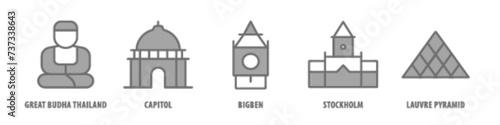 Louvre Pyramid, Stockholm, Big Ben, Capitol, Great Buddha Thailand editable stroke outline icons set isolated on white background flat vector illustration.