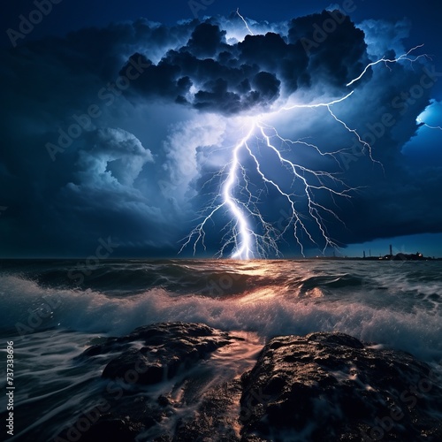 illustration of lightning strikes the sea shoot by Son, Generative ai