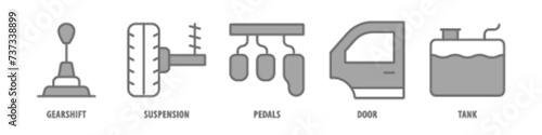 Tank, Door, Pedals, Suspension, Gearshift editable stroke outline icons set isolated on white background flat vector illustration.