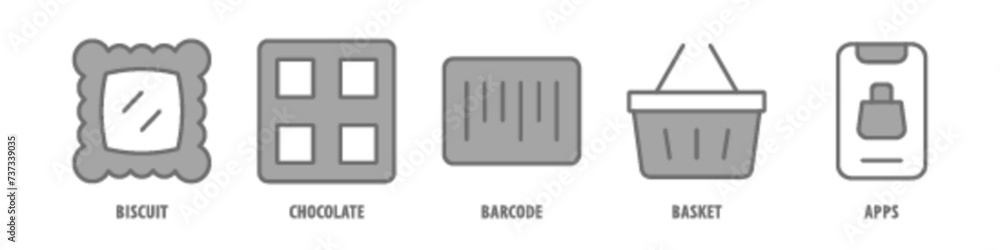 Apps, Basket, Barcode, Chocolate, Biscuit editable stroke outline icons set isolated on white background flat vector illustration. Apps, Basket, Barcode, Chocolate, Biscuit editable stroke outline icons set isolated on white background flat vector illustration.