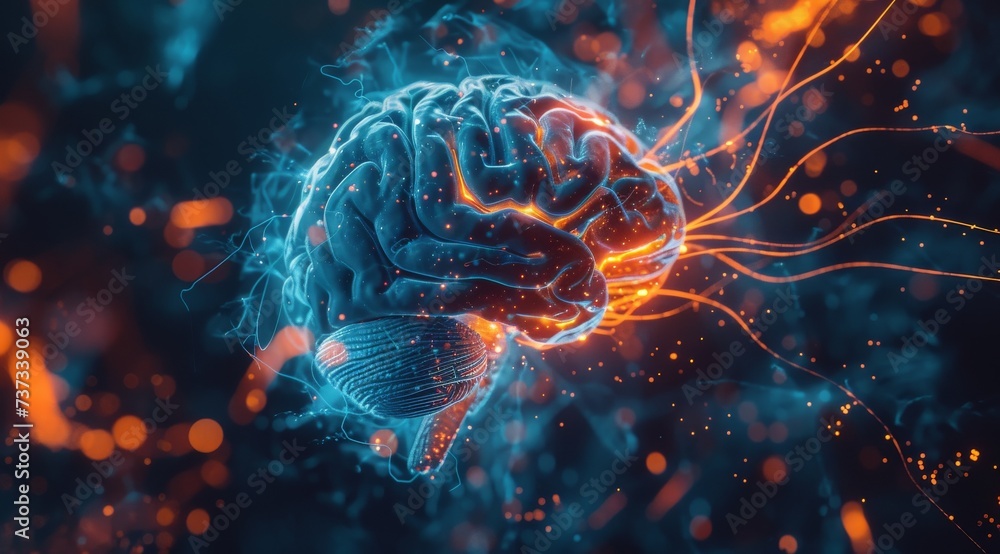 Blue brain with light flowing out of it, in the style of light black and orange, detailed background elements, photorealistic rendering Blue brain with light flowing out of it, in the style of light black and orange, detailed background elements, photorealistic rendering
