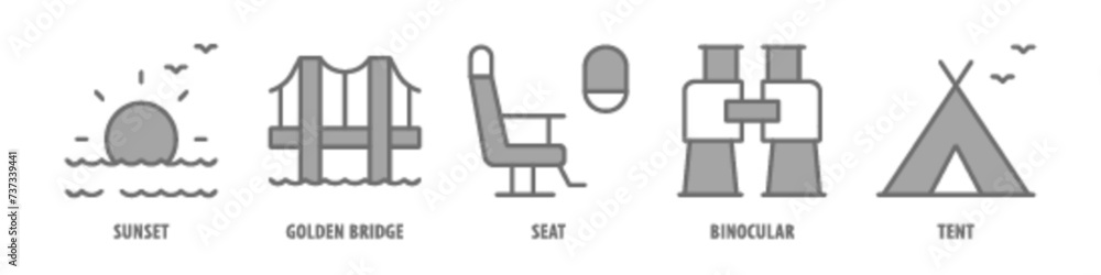 Tent, Binocular, Seat, Golden Bridge, Sunset editable stroke outline icons set isolated on white background flat vector illustration. Tent, Binocular, Seat, Golden Bridge, Sunset editable stroke outline icons set isolated on white background flat vector illustration.