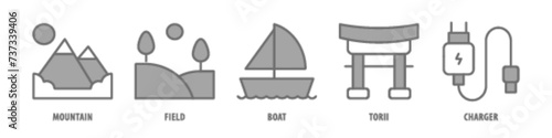 Charger, Torii, Boat, Field, Mountain editable stroke outline icons set isolated on white background flat vector illustration.