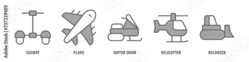 Bulldozer, Helicopter, Motor snow, Plane, Segway editable stroke outline icons set isolated on white background flat vector illustration.