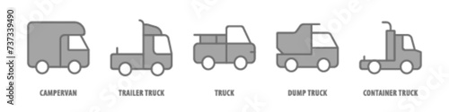 Container Truck, Dump Truck, Truck, Trailer Truck, Campervan editable stroke outline icons set isolated on white background flat vector illustration.