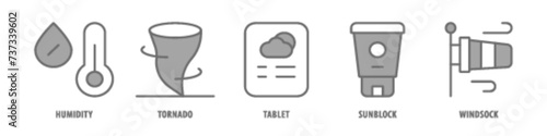 Windsock, Sunblock, Tablet, Tornado, Humidity editable stroke outline icons set isolated on white background flat vector illustration.