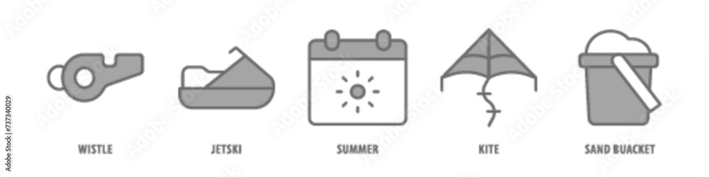 Sand Bucket, Kite, Summer, Jet ski, Whistle editable stroke outline icons set isolated on white background flat vector illustration. Sand Bucket, Kite, Summer, Jet ski, Whistle editable stroke outline icons set isolated on white background flat vector illustration.