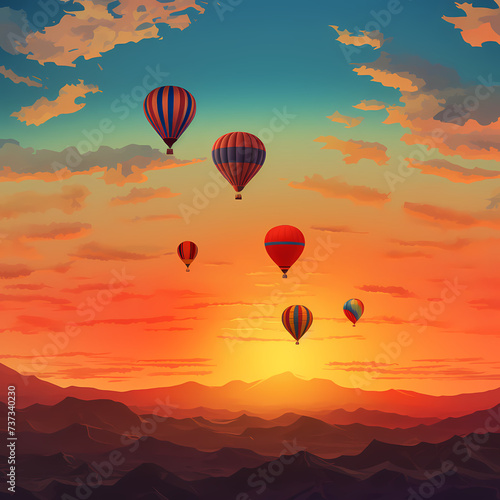 Silhouettes of hot air balloons against a sunrise