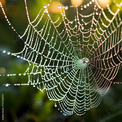 Macro shot of a dew-covered spider web in the morning