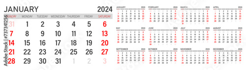 Calendar 2024. Calendar 2024 week starts Sunday. Set of ready to print monthly pages. Corporate minimal clean design 2024 calendar.