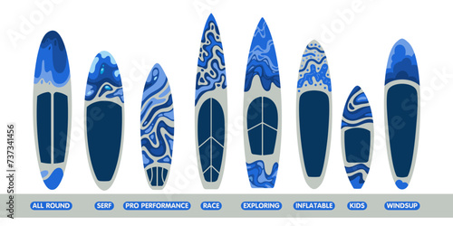 Big set surfboards types. Surfboard icons.