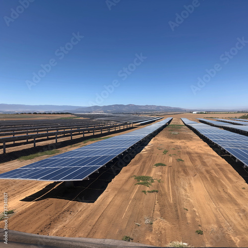 Solar and Wind Farm In Desert. Solar panels lined on the ground with wind turbines renewable energy