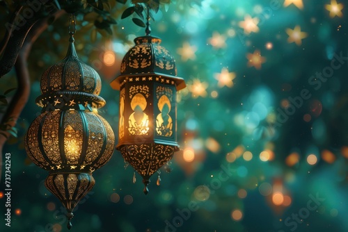 Illuminated Moroccan lanterns casting a warm glow in a mystical, enchanted forest setting.