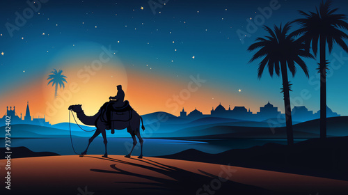 Man riding camel in desert night with mosque