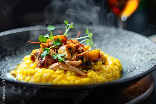 A classic of Italian cuisine showcasing a Milanese risotto in a radiant golden yellow tone thanks to saffron. Milanese risotto with a creamy texture and delicate flavor.