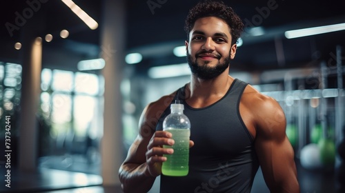Premium photo person energy drink bottle , gym background 