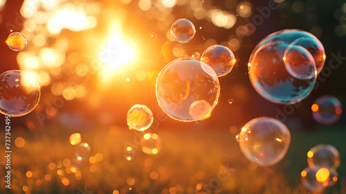 Soap bubbles floating in the air with a sunlit background. 