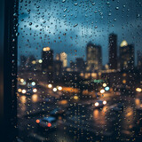 Raindrops on a window pane with city lights in the background