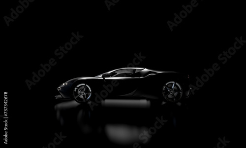 side view of black supercar on dark background. nobody.