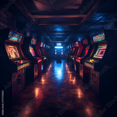 Retro arcade games in a dimly lit room.