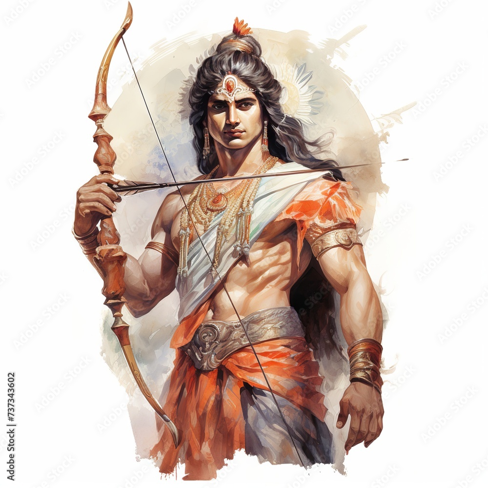 illustration of lord ram holding bow and arrow watercolor, Generative ai - obrazy, fototapety, plakaty 