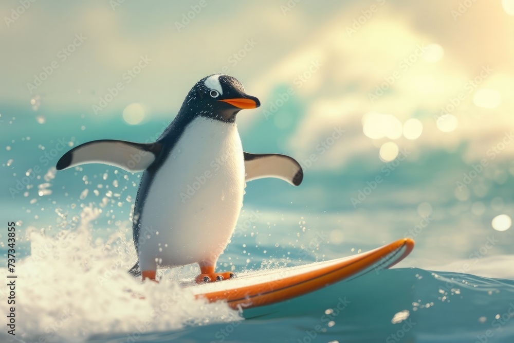 Fototapeta premium Penguin on a surfboard riding a wave, with splashing water and warm sunlight.