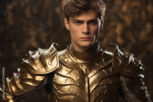Young man in golden shiny knight armor