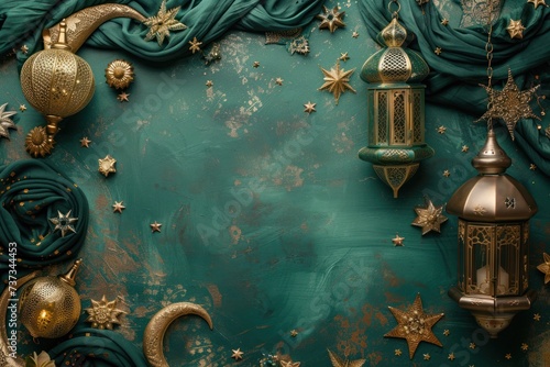 Golden Arabic lanterns hanging elegantly against a teal textured wall with intricate patterns, creating a festive and traditional atmosphere.